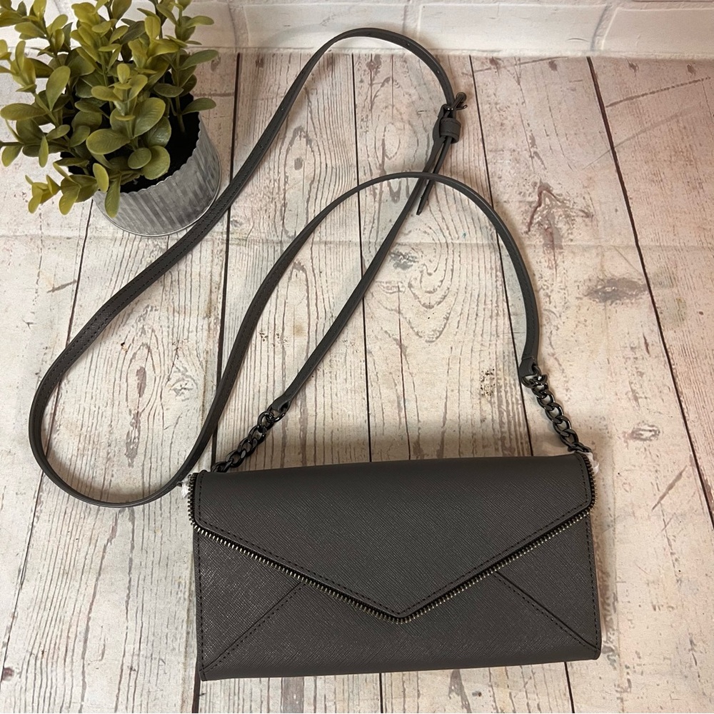 New Rebecca Minkoff Cleo Wallet On Chain Crossbody Gray Envelope Leather